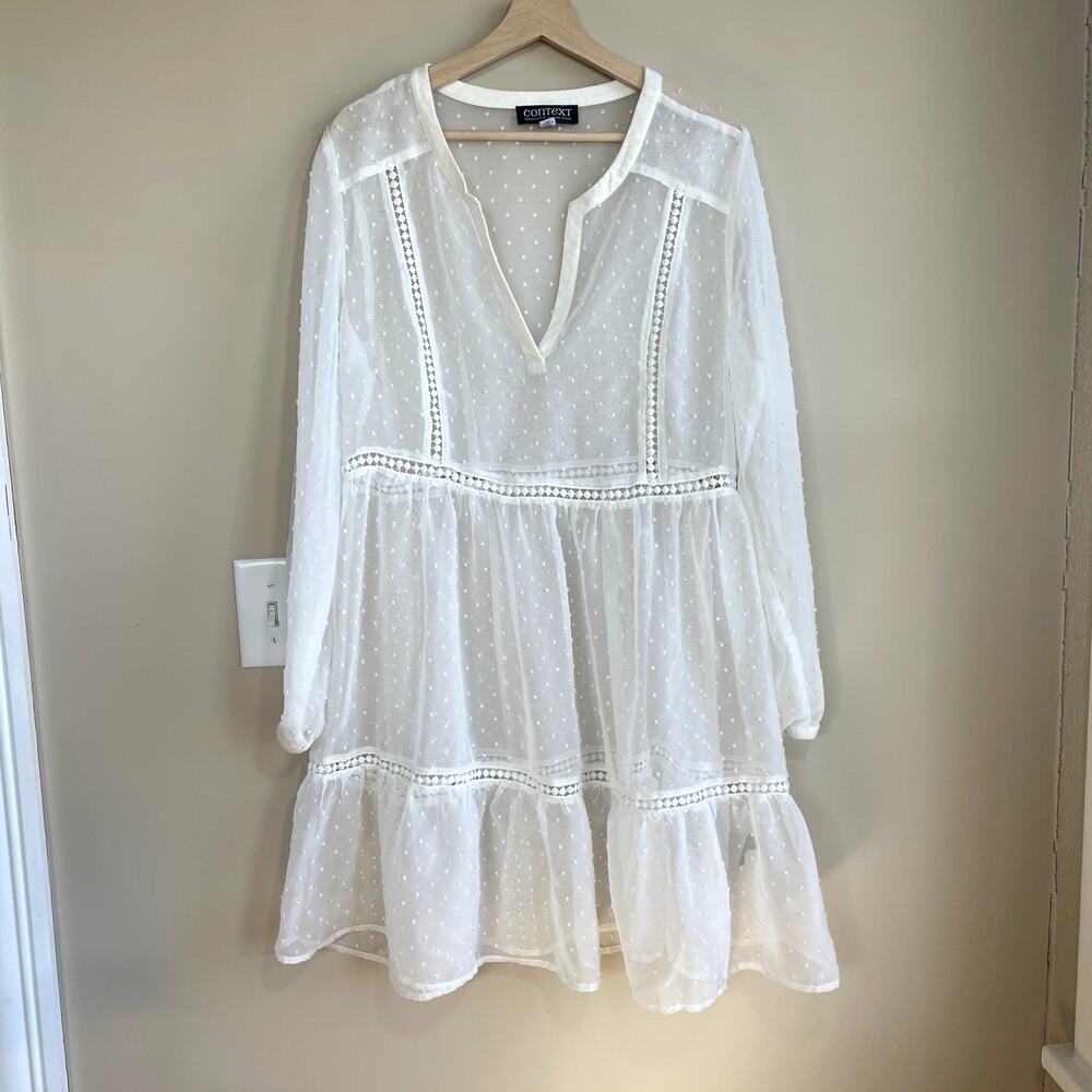Context Lord and Taylor sheer white long sleeved midi dress polka dots women's L